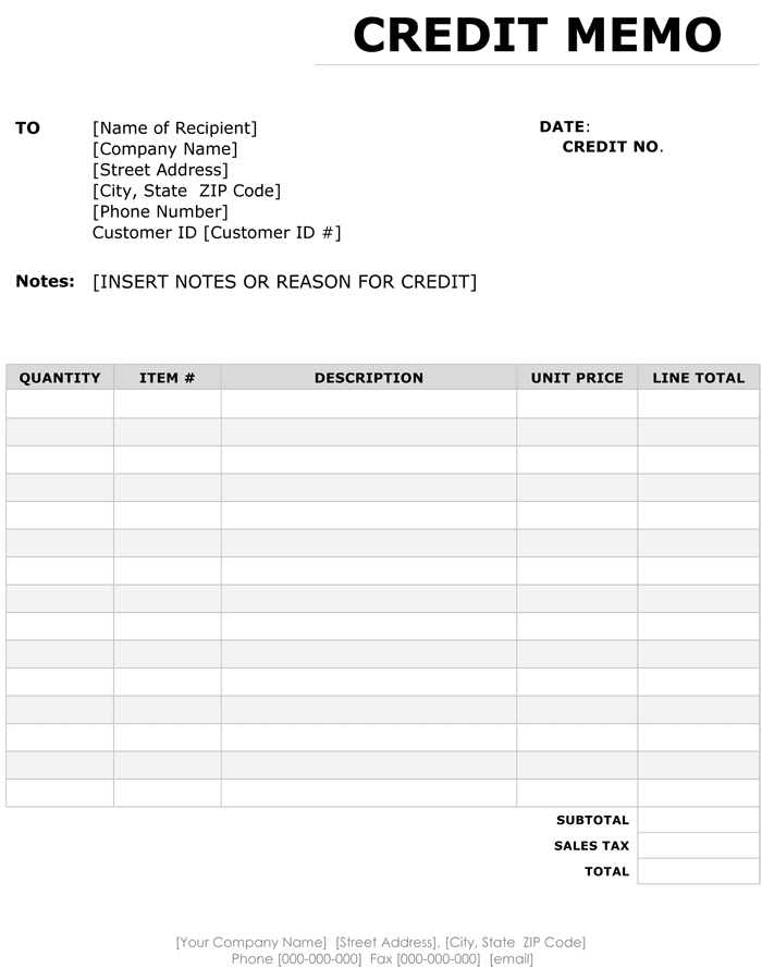 Free Printable Credit Memo Template