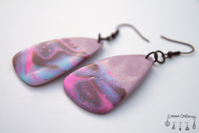 Boucles oreilles pâte polymère Mokume Gane Rose Taupe Vert Cernit Fimo Stenna Création