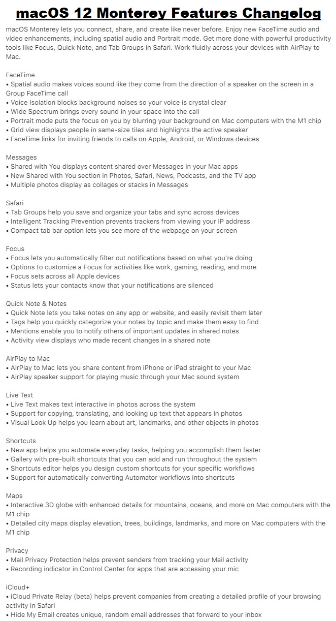 macOS Monterey Features Changelog