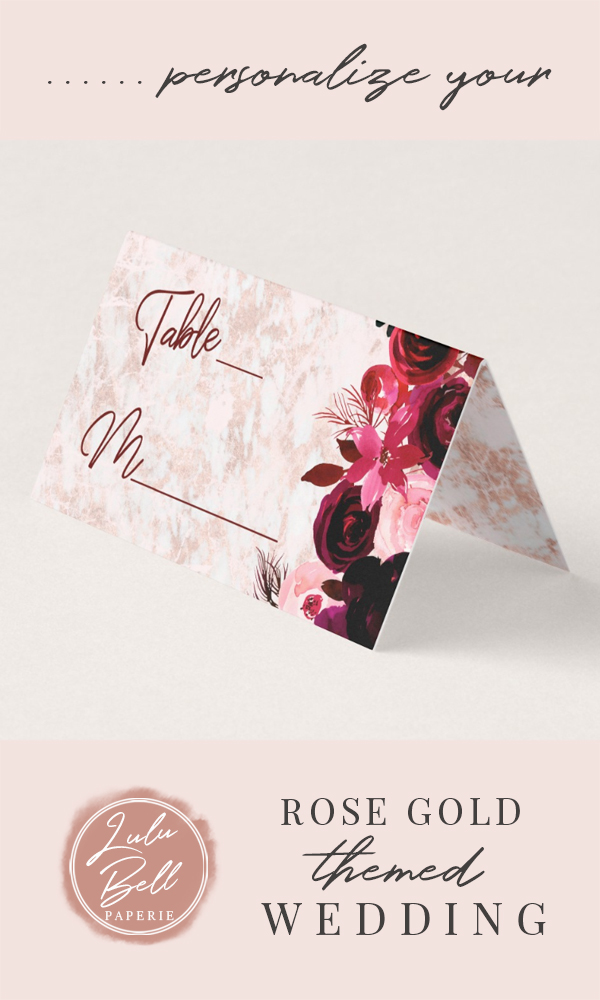 Burgundy Floral & Rose Gold Wedding Table Place Cards