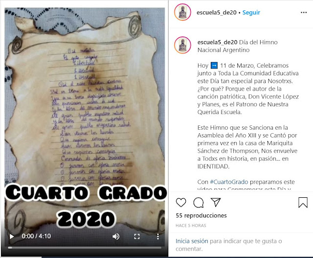 se ve una foto de una publicacion en el instagram de la escuela 5 sobre el día del Himno Nacional Argentino
