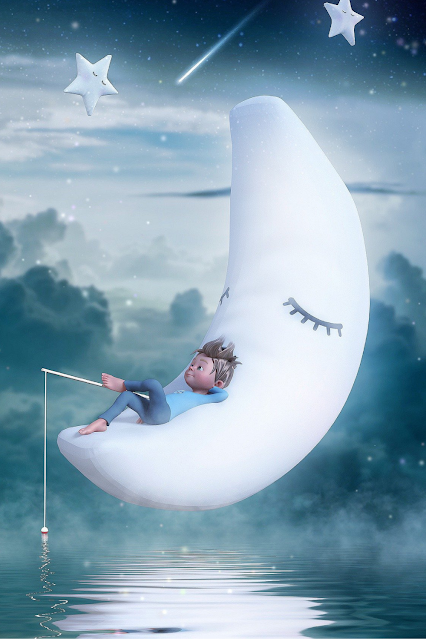 A boy fishing while lying on the moon.