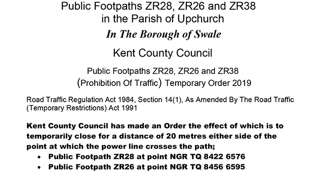 Kent County Council Public Footpaths Notice Board | News From Upchurch Matters: Temporary Closure Of Public  Footpaths Zr28, Zr26 And Zr38, Upchurch