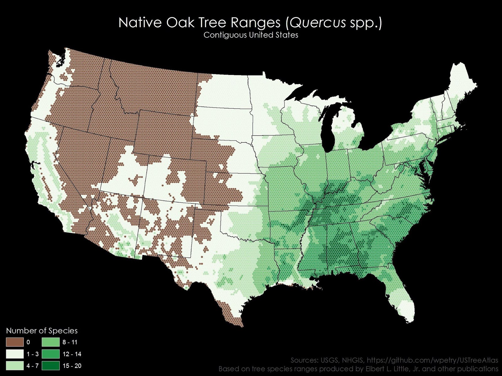 Native Oak Tree Ranges in the U.S.