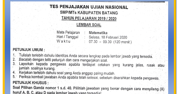 Penjajakan Un Ujian Nasional Smp Mts Matematika Tahun 2019 2020 Anak Smp Mts