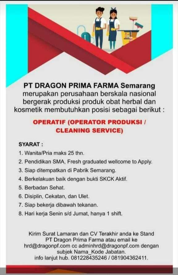 Loker Operatif (Operator Produksi / Cleaning Service) PT. Dragon Prima