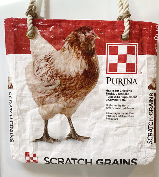 tote bag made from chicken feed bag