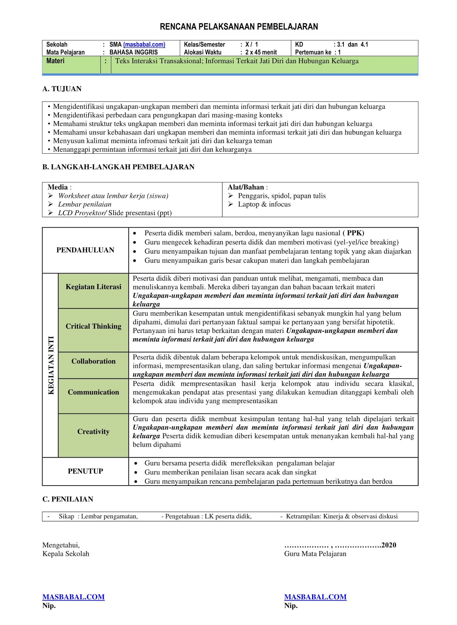 Contoh Format RPP 1 Lembar SMA Tahun 2020 MASBABAL
