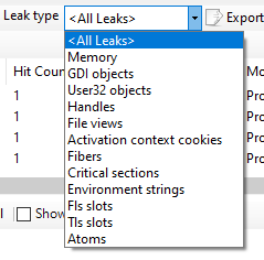 Screen-shot of Deleaker leak type selection drop down list