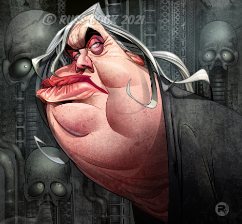 Digital caricature portrait and illustration of surrealist painter and artist, HR Giger. Created by Russ Cook using Sketchbook Pro and Affinity Photo.