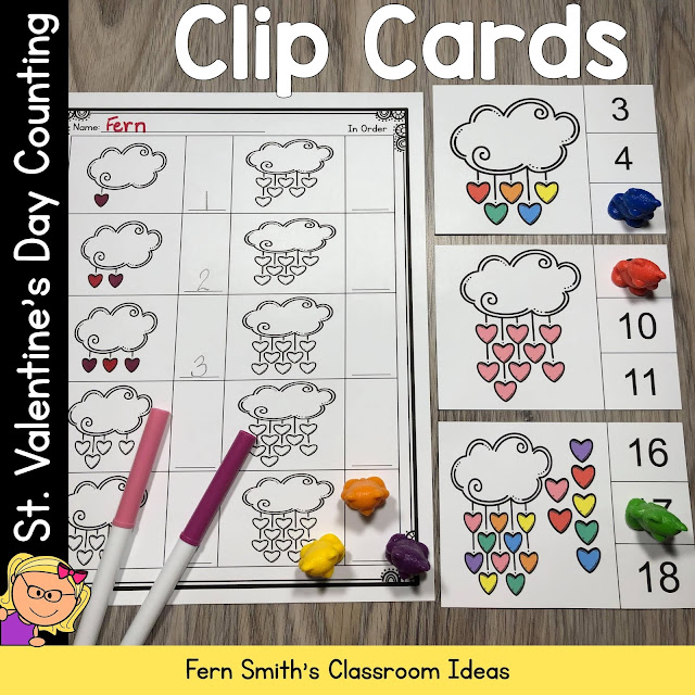 St. Valentine's Day Counting Clip Cards and Worksheet Freebies #FernSmithsClassroomIdeas