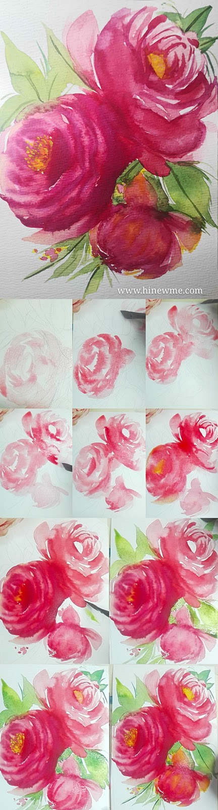 How to draw red peony with watercolor step by step tutorial