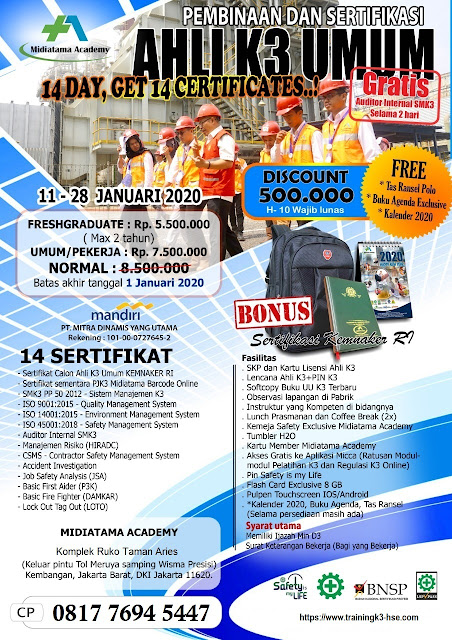 Ahli K3 Umum kemnaker tgl. 11-28 Januari 2020 di Jakarta + 14 Sertifikat