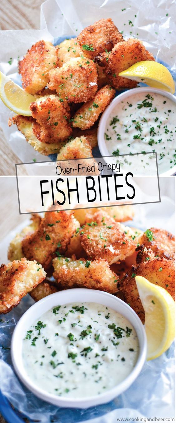  Crispy Oven-Fried Fish Bites with Homemade Tartar Sauce is a quick weeknight meal that is kid friendly and so much better than the frozen stuff!