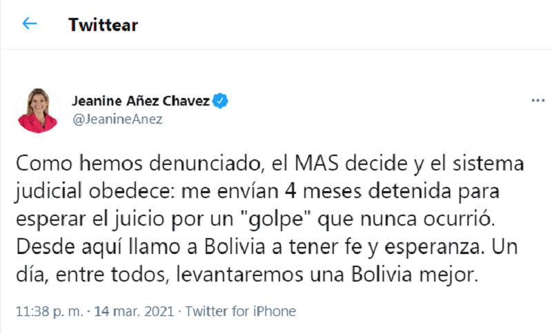 Tuit de Áñez tras conocer la decisión judicial activada por el MAS / TWITTER 