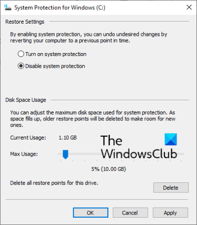disabilitare il ripristino del sistema Windows 10