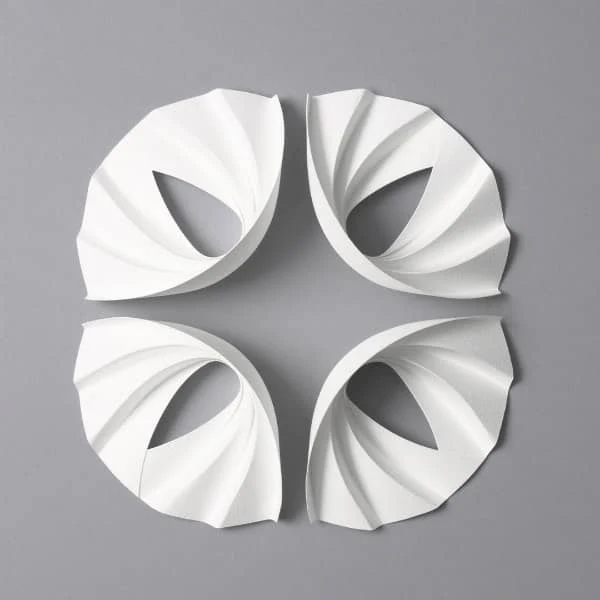 four identical creased and curved white 3D paper models