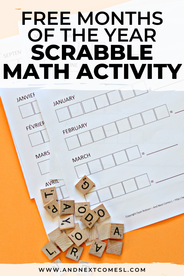 Free printable months of the year Scrabble math activity for kids