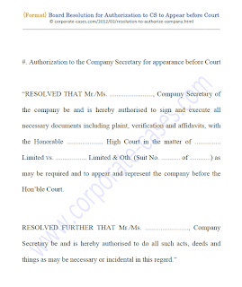 format of board resolution for authorisation to appear before court