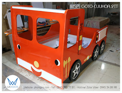 Giường ô tô cứu hỏa 2 tầng thấp GOTO-CUUHOA.2TT có thiết kế giống nhân vật ô tô trong phim hoạt hình về ô tô cho trẻ em