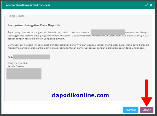 Klik Lanjut pada lembar konfirmasi sinkronisasi dapodik step 3_Pernyataan integritas kepala sekolah tentang data dapodik