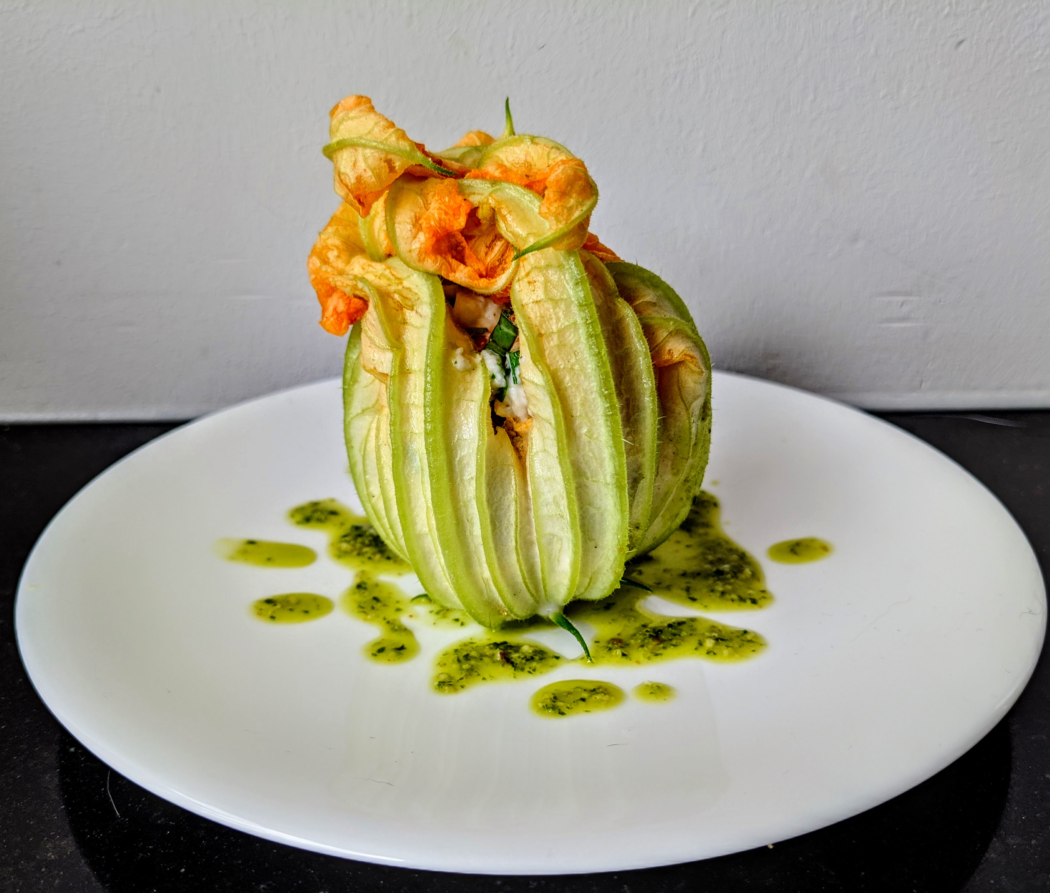 Stuffed courgette flowers with basil dressing Kitchen Exile