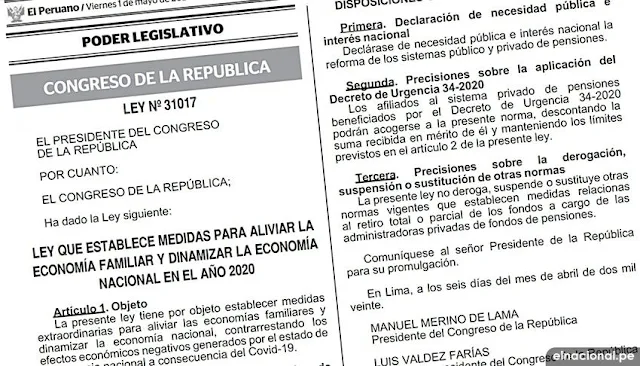 Ley de retiro del 25 % de los fondos AFP fue publicada en el diario El Peruano
