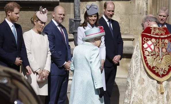 Kate Middleton wore a dove grey coat by Alexander McQueen. The Countess of Wessex wore a floral dress by Oscar de la Renta