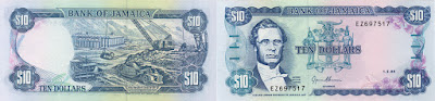 Jamaica: Billete de 10 dólares jamaiquinos o jamaicanos, de 1994.