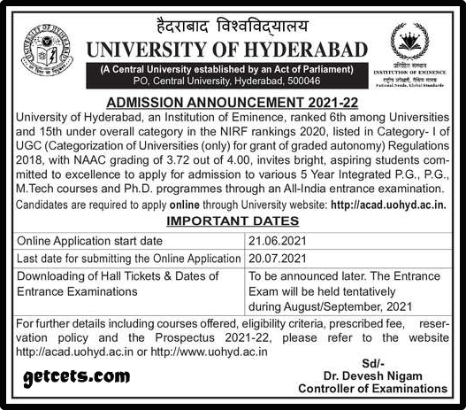 HCU pg entrance exam 2024-2025 hcu pgcet notification