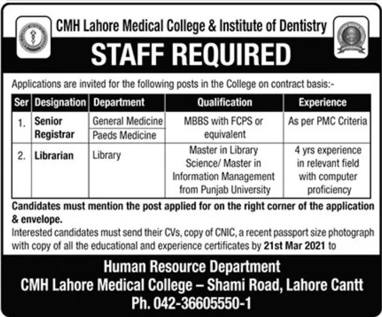 Cmh Lahore Medical College Faculty Jobs March