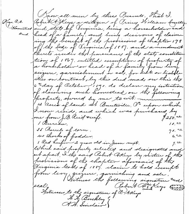 Prince William County Genealogy Homestead Deed Robert A. Keys (1890)