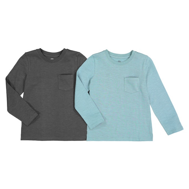 Two long-sleeved t-shirts with small pockets over the left breast area, one dark grey, one light blue.