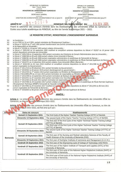 Calendrier Concours Enseignant 2023 Calendrier Des Concours D'entrée Dans Les Universités D'etat Du Cameroun Et  Ecole Sous Tutelle Académique Du Minesup 2021/2022 - Cameroon Desk |  Bourses D'études, Emplois, Stages, Concours, Résultats