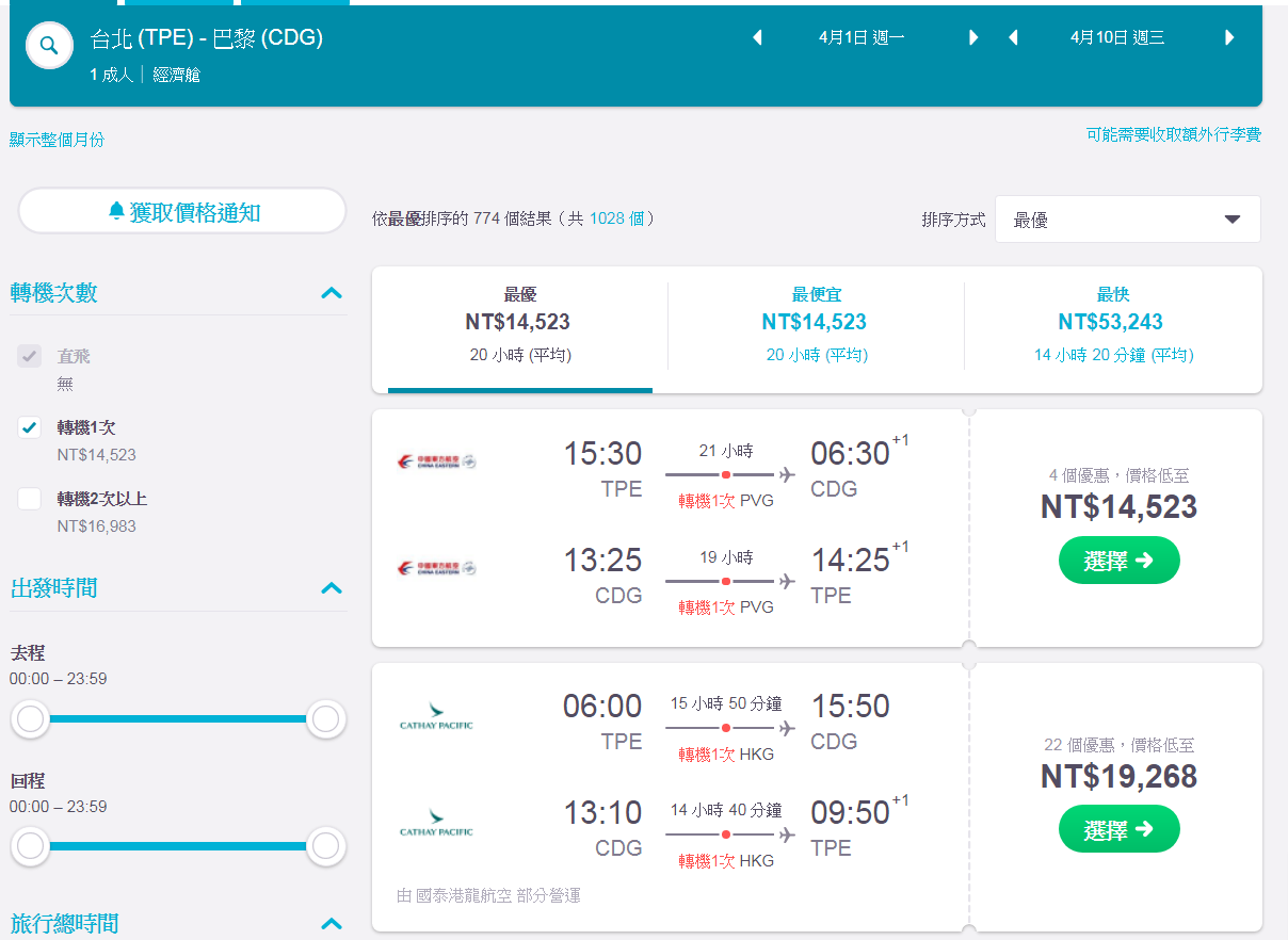 機票資訊 18 19年台北巴黎來回機票最低14k