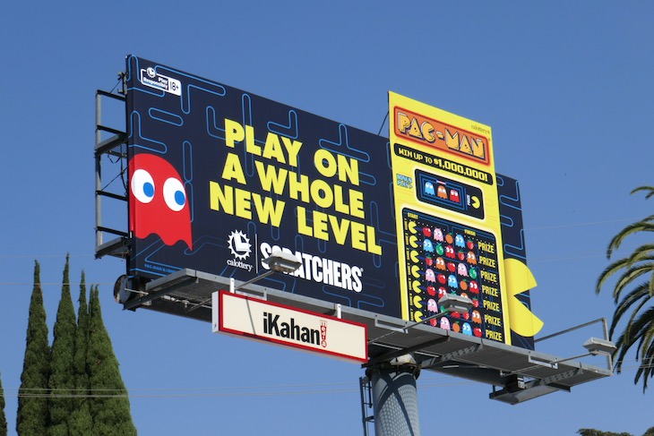 Play on a whole new level California Lottery Pac-Man Scratchers extension billboard Sunset Strip whole new level California Lottery PacMan Scratchers billboard
