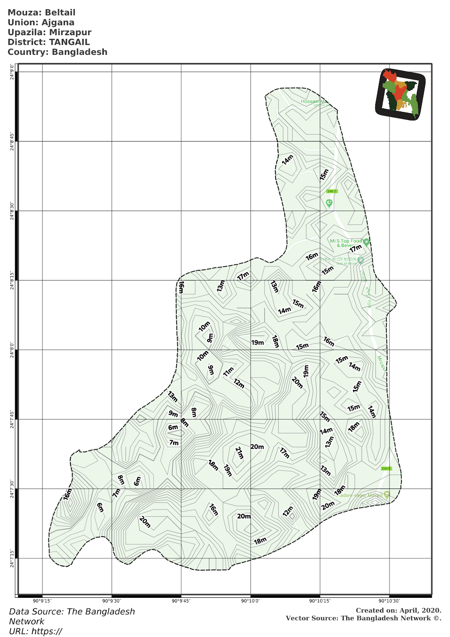 Map of Beltail Mouza of Mirzapur Upazila, TANGAIL, Bangladesh.