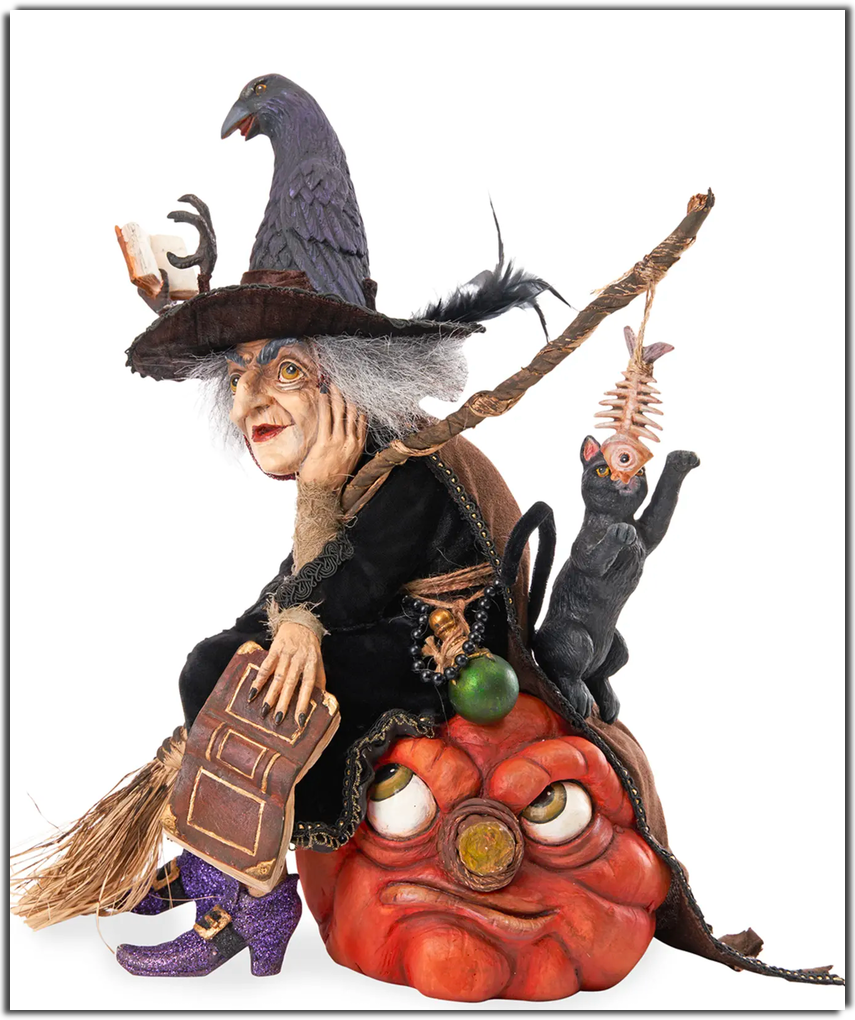 KATHERINE'S COLLECTION Winona Witch with Broom and Cat Tabletop
