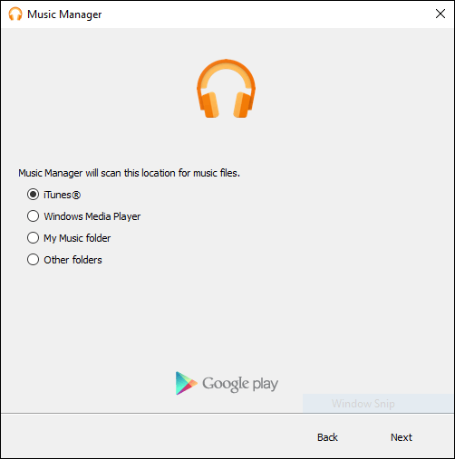 شاشة الإعداد المسبق لبرنامج Google Play Music Manager