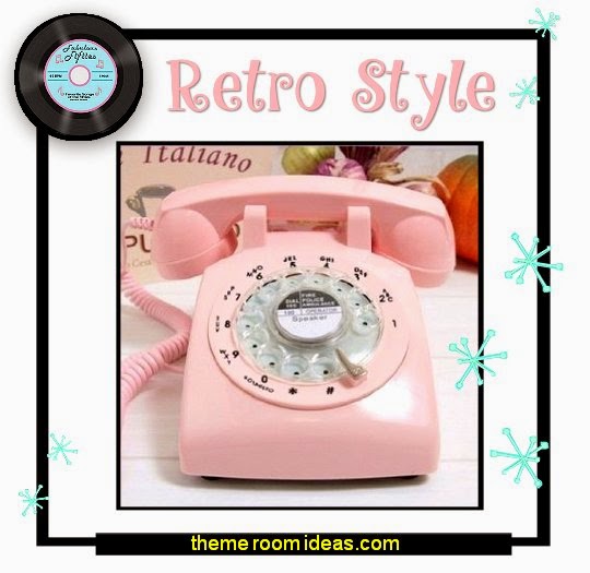 50s telephone - Pink Retro Old Fashioned Rotary Dial Telephone 50s bedroom ideas - 50s theme decor - 1950s retro decorating style - 50s diner - 50s party decorations - 1950 bedding - 50s telephone - retro diner furniture - vintage advertising wall decals - Cadillac Wall Shelf - Elvis Presley - booth dinette decor - Rock and Roll