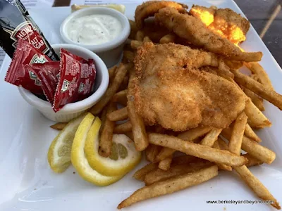 fish & chips at entrance to Moonstone Beach Bar & Grill in Cambria, California