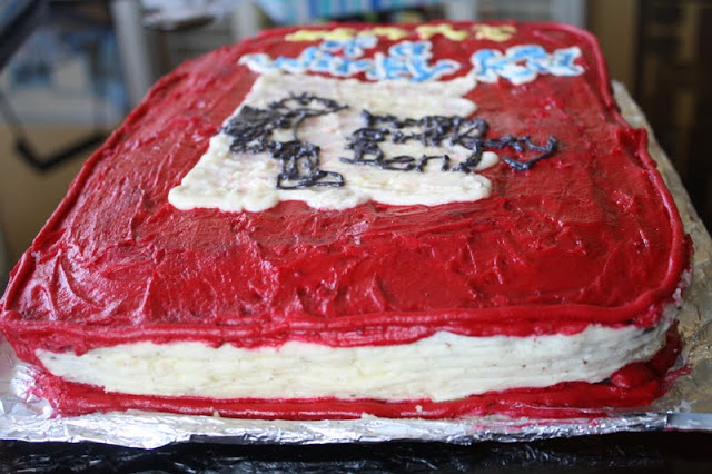 Side view of a cake with red and white icing.