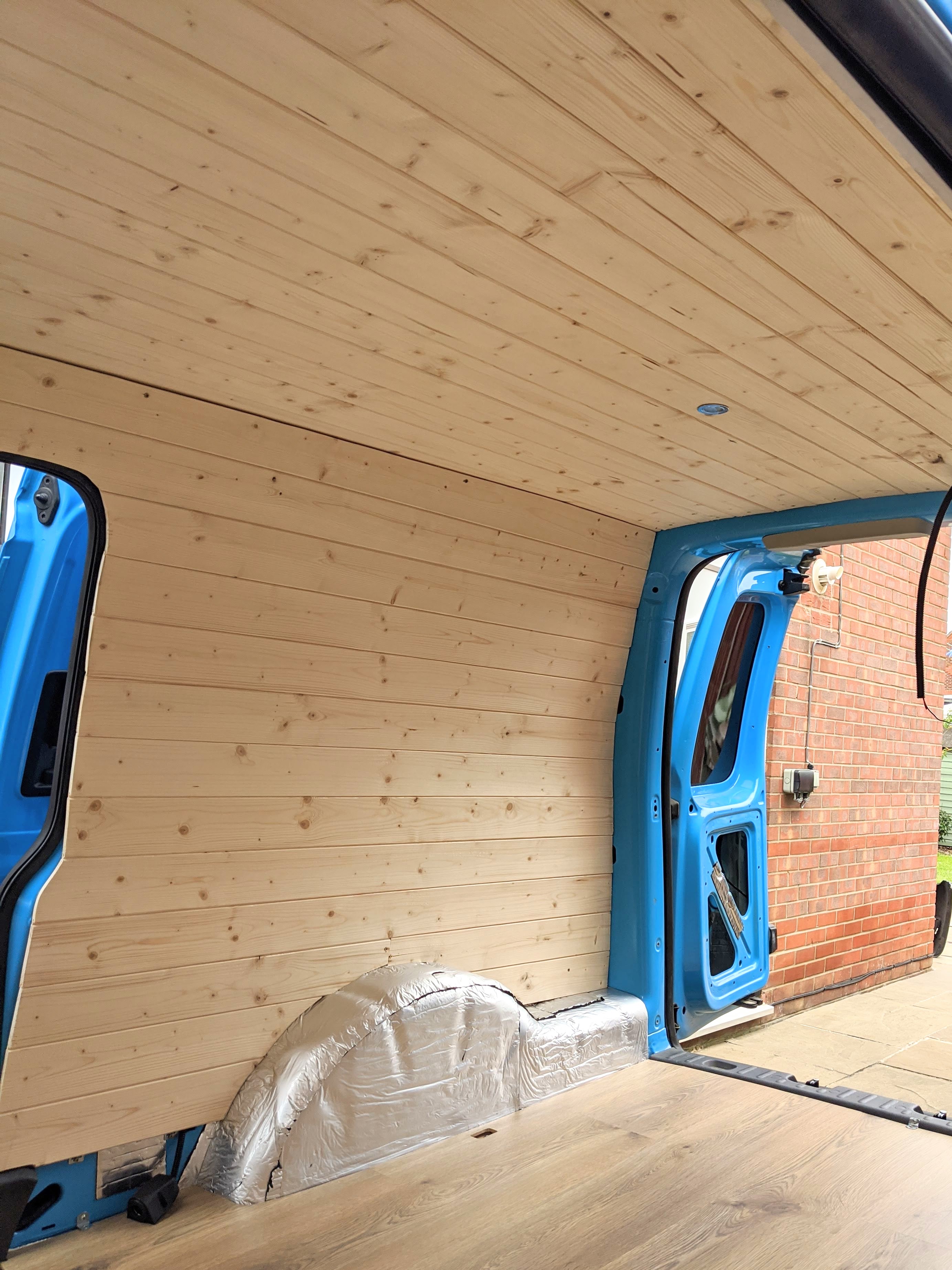 Tongue and groove walls and ceiling on a VW Caddy Camper