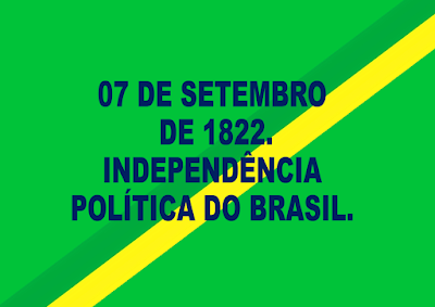A imagem nas cores da bandeira do Brasil está escrito:7 de setembro de 1822. Independência política do Brasil.