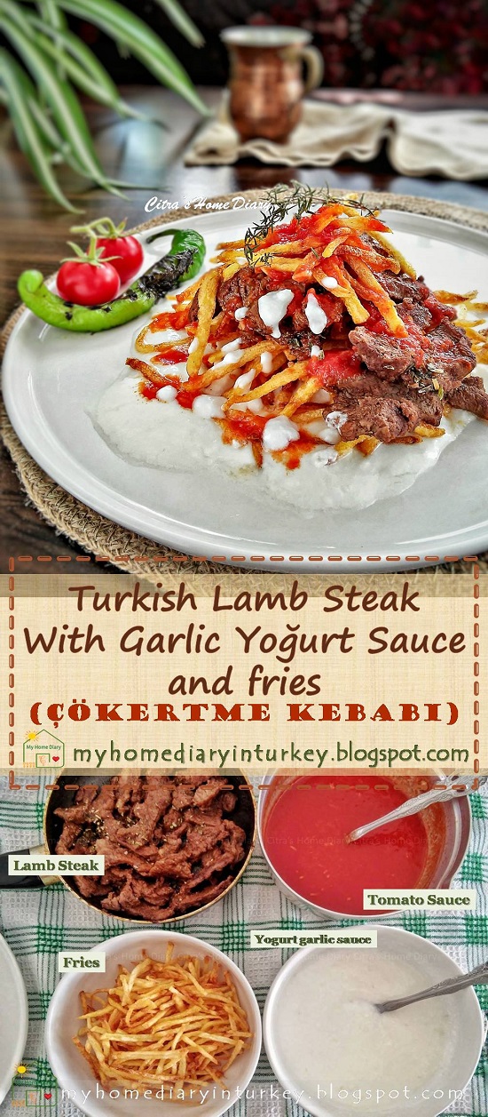 Turkish Food Recipe; Lamb /veal steak with garlic yogurt sauce (Çökertme Kebabı) | Çitra's Home Diary. #turkishfoodrecipe #resepmasakanturki #kebabkhasturki #kebab #çökertmekebabı #dinneridea #garlicyogurtsauce