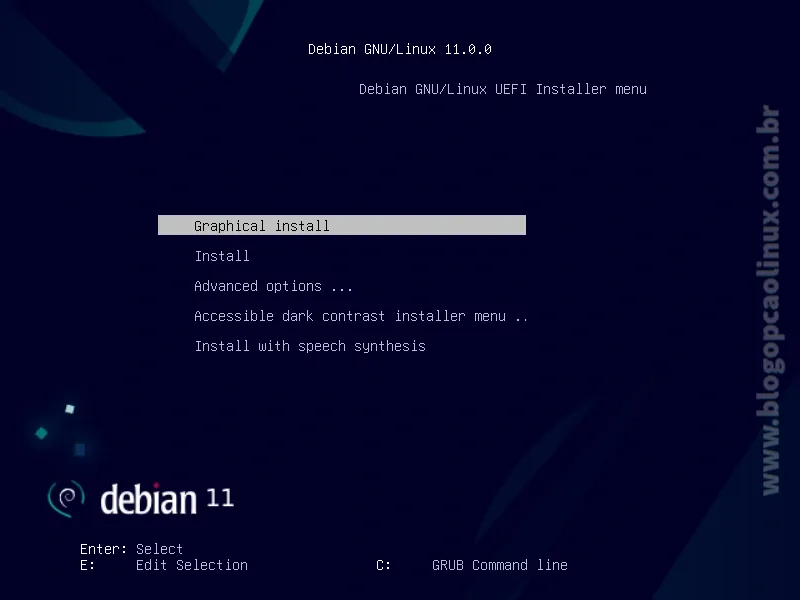 Tela de boot do Debian 11 'Bullseye'