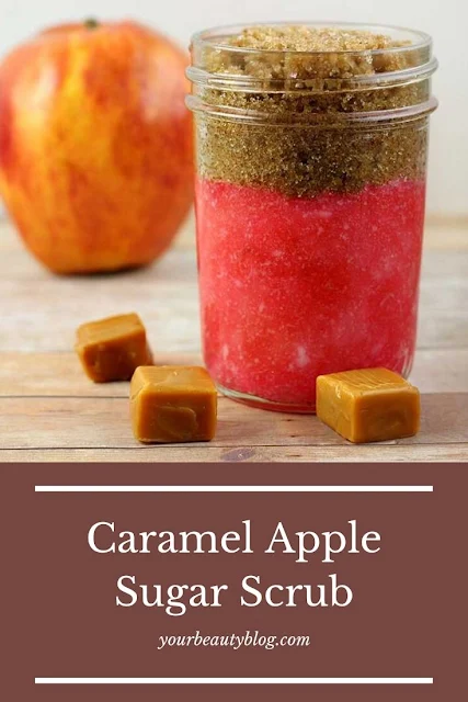 How to make a caramel apple sugar scrub recipe. This easy hand made scrubis for exfoliating the body, for hands, for legs, and for feet. This fall scrub looks cute in jars for packaging. It makes a great gift idea for Christmas, too. This simple DIY scrub uses brown sugar and white sugar. #sugarscrub #diy #diybeauty