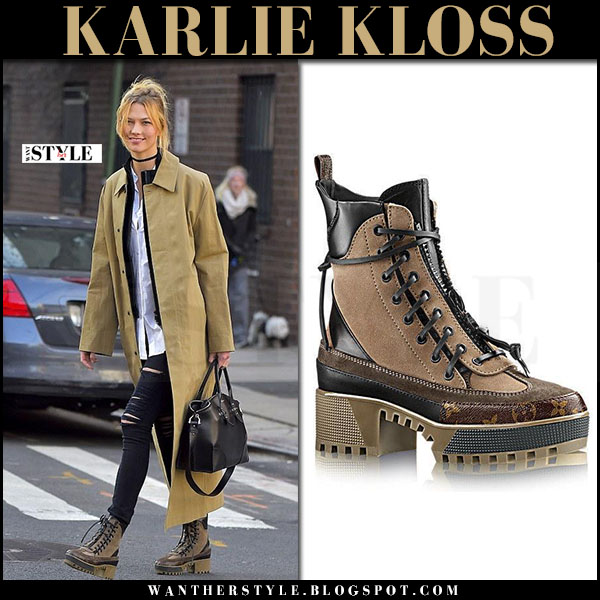 Karlie Kloss in black ripped skinny jeans and brown lace up boots in New York on December 16 ~ I ...
