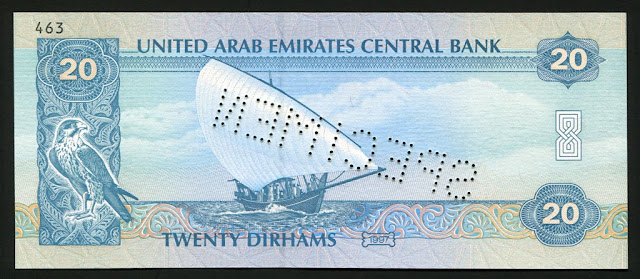 United Arab Emirates currency banknotes 20 dirhams Dhow Sailboat