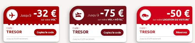 Montant des réduction avec le code promo Opdo: -32€ pour des vols, -75€ pour un vol avec hôtel, 6 50€ sur la location de voiture. Il faut utiliser le code promo "Tresor".